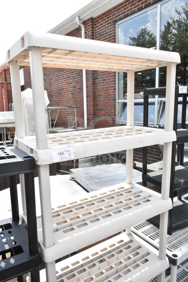 Tan poly 5-tier shelving unit with perforated shelves, sturdy design, good condition, visible auction label attached.