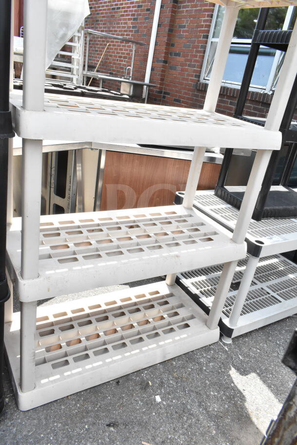 Tan poly 5-tier shelving unit with durable slatted shelves, suitable for storage; shows slight wear, ideal for home or garage use.