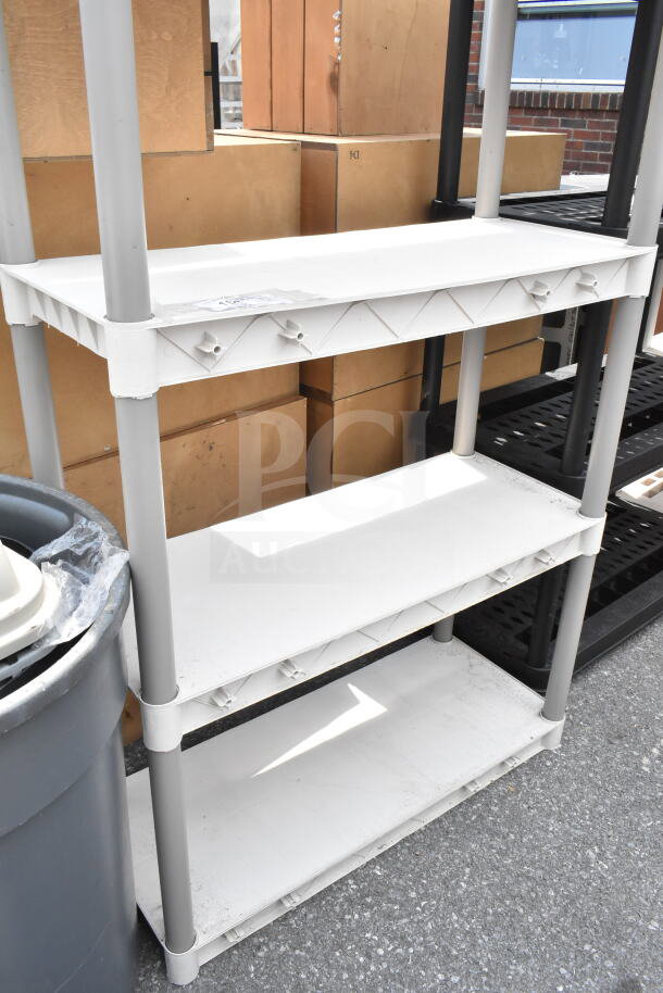 Tan Poly 5 Tier Shelving Unit with sturdy plastic construction. Features include spacious shelves and easy assembly design.