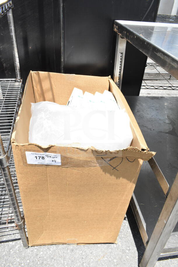 Cardboard box containing four filters, labeled "178 IN QTY x4," placed on a metal shelf.