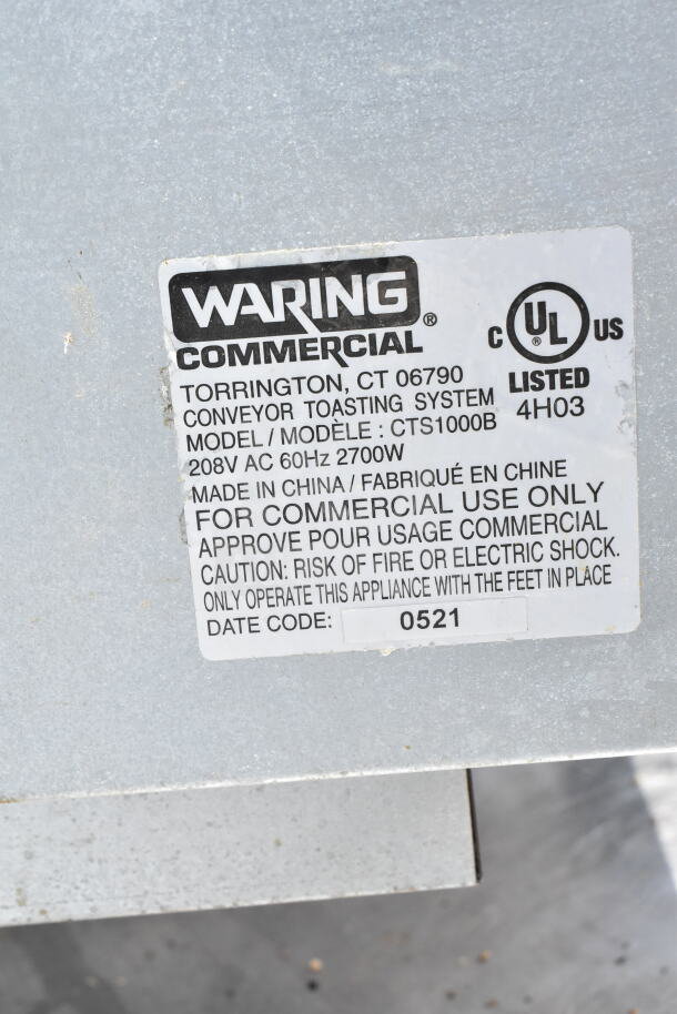 2021 Waring CTS1000B Commercial Conveyor Toaster, 208V, single phase, label indicates UL listed, made in China.