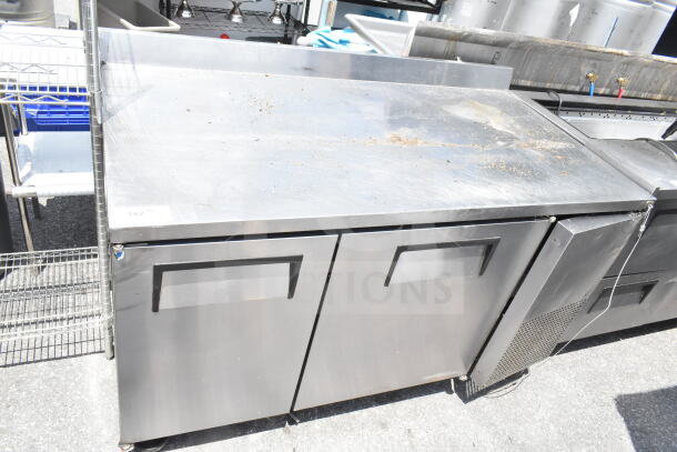 True 2 Door Work Top Cooler, stainless steel, 115 volts, 1 phase, with minor surface wear, by True.