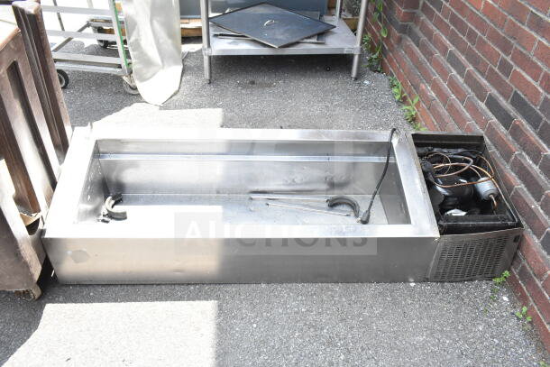 Commercial countertop refrigerated rail, missing lid, 115 volts, 1 phase. Worn condition, features exposed wiring and components.