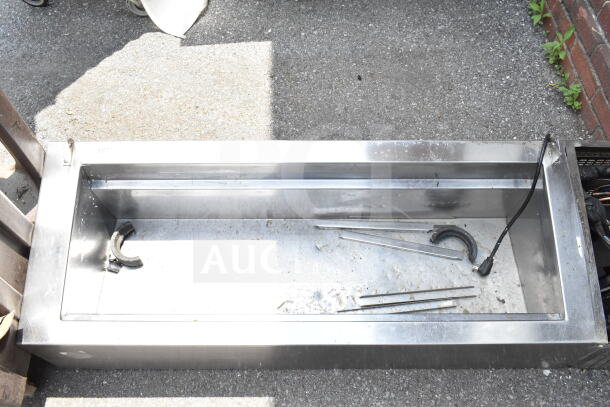 Commercial countertop refrigerated rail, stainless steel, missing lid, 115V 1 Phase, needs cleaning, visible wiring and parts.