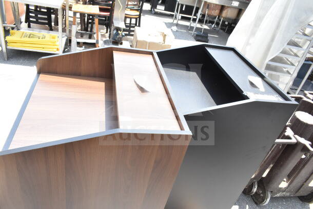 Lancaster Table & Seating host stations, black and walnut, 46", brand new scratch and dent. Model 164WAITRS1BK/WL.