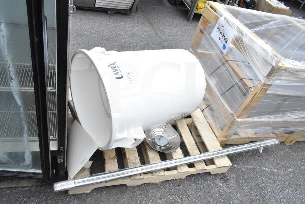 Lavex 44-gallon white trash can without lid on pallet, part of a 12-item scratch and dent auction lot, new condition.