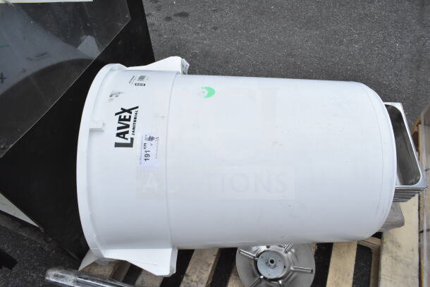 12 new scratch and dent items, including Lavex 44-gallon white trash can, no lid, with visible label and markings.