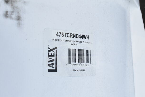 Lavex 44-gallon white trash can label, model 475TCRND44WH, Made in USA, commercial round design.