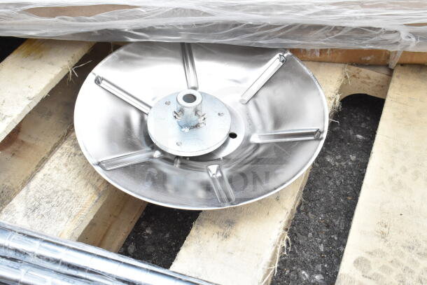 12 new scratch and dent items on pallet, including Lavex 44-gallon white trash container, Regency cutting board insert.