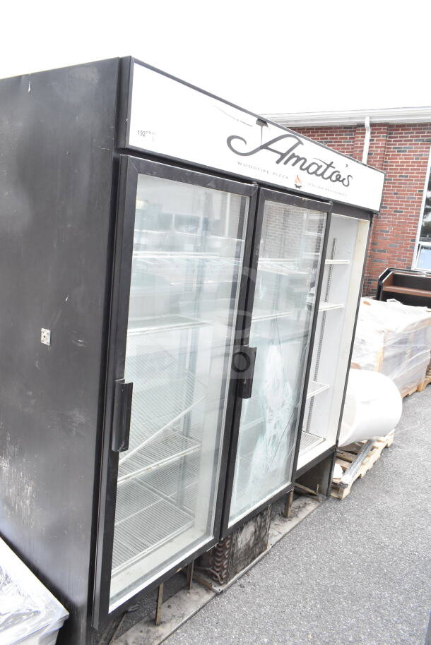 Beverage Air MT72 commercial 3-door cooler merchandiser, 115 volts, 1 phase, with visible shelving, light wear.