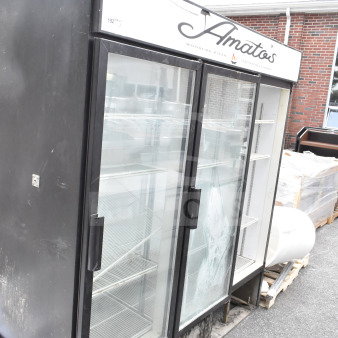 Beverage Air MT72 commercial 3-door cooler merchandiser, 115 volts, 1 phase, with visible shelving, light wear.