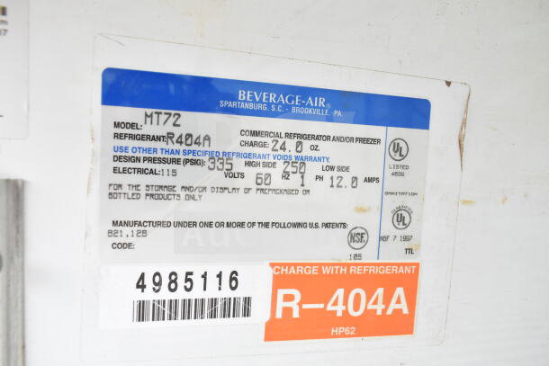 Beverage Air MT72 commercial cooler label showing model, refrigerant R404A, 115 volts, and patent info.