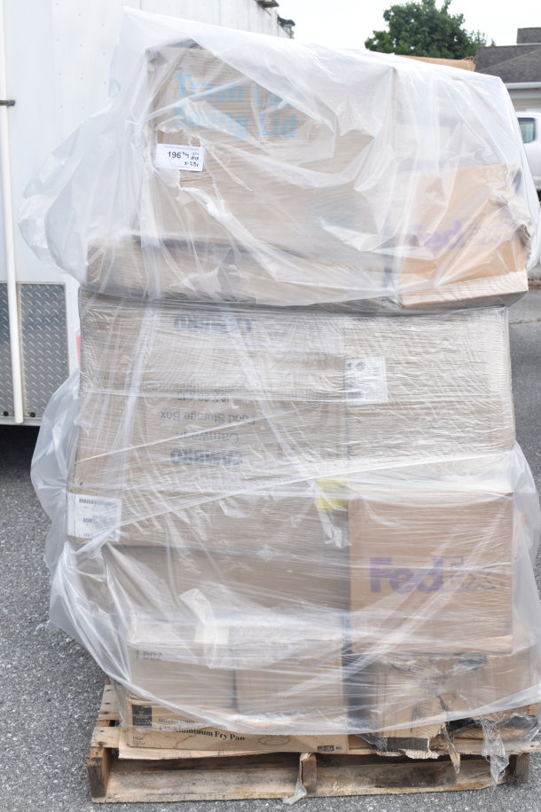Pallet of 28 new scratch and dent items, wrapped in plastic. Includes pizza screen, portion spoon, pie pan, mason jars.