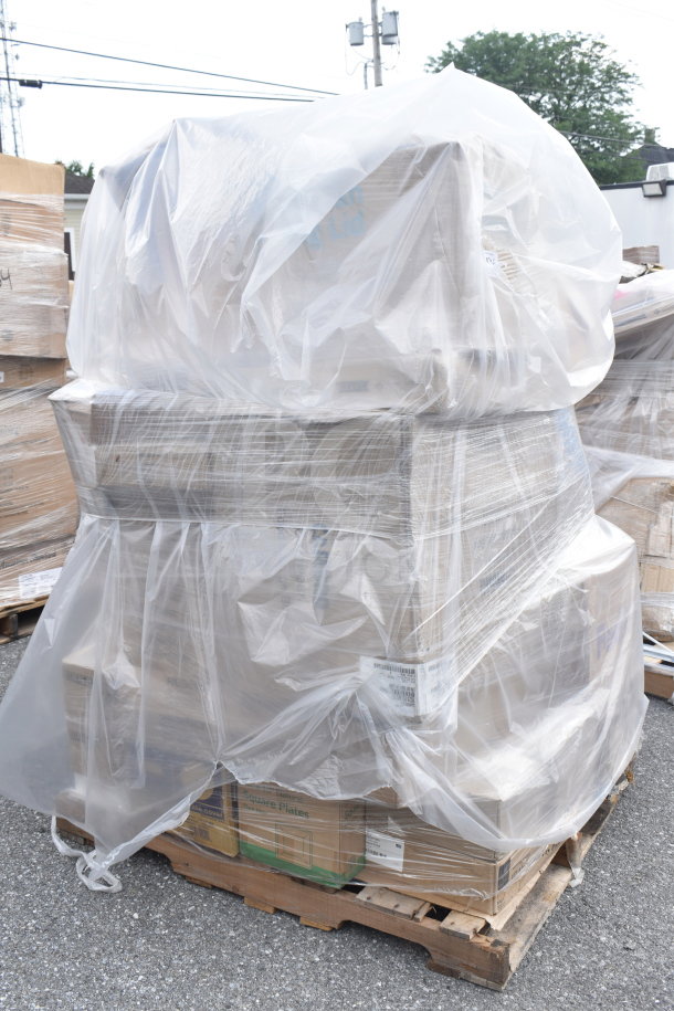 Pallet of 28 brand new scratch and dent items, including pizza screens and mason jars, wrapped in plastic.