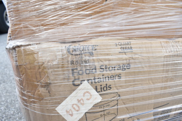 Cardboard box labeled "Choice Round Food Storage Containers Lids" wrapped in plastic. Condition: Scratch and dent.