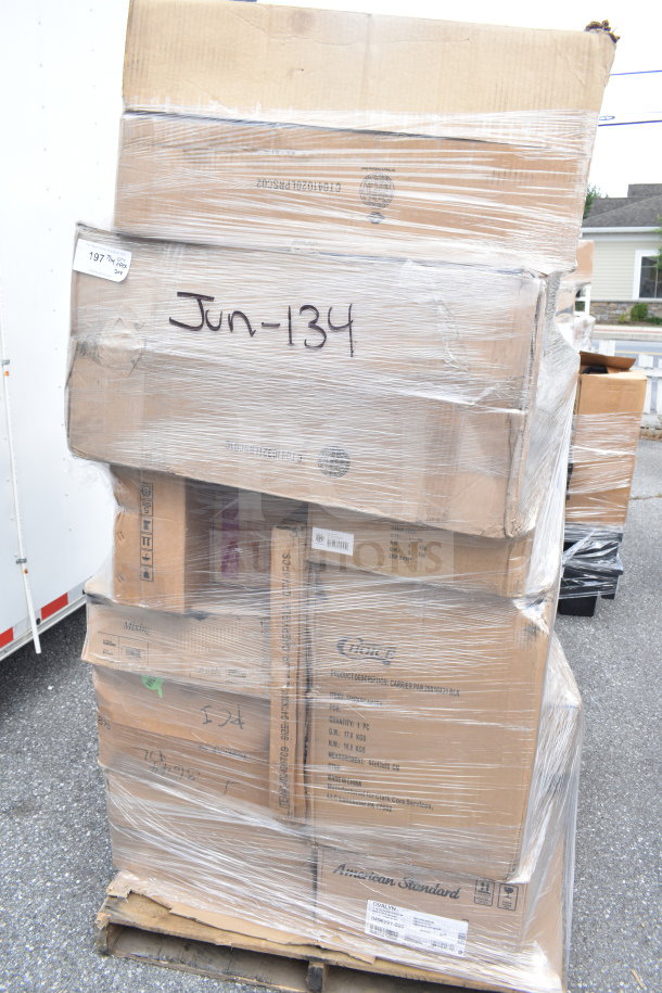 Pallet of 20 brand new scratch and dent items, including sink, glass rack, and food pan carrier. Marked "Jun-134." Wrapped in plastic.