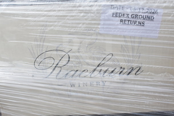 Shrink-wrap-covered box labeled "Raeburn Winery" with a FedEx Ground Returns tag dated 06-17-2026.