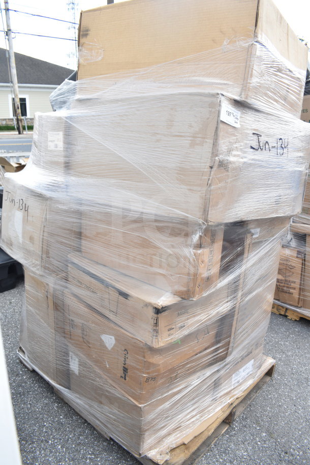 Pallet with boxes of 20 new scratch and dent items, including sink, glass rack, food pan carrier. Marked "Jun-134."