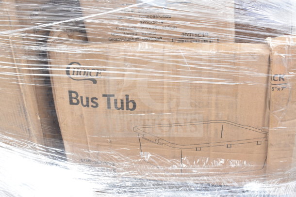 New boxed Choice Bus Tub wrapped in plastic, part of a lot including sink, glass rack, and more. Scratch and dent condition.