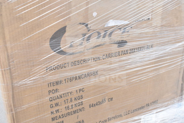 Cardboard box labeled "Choice" with item number 176PANCAR5BK, containing a carrier pan, 64x43x65 cm, wrapped in plastic.