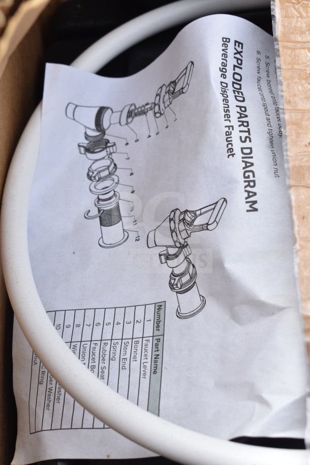 Diagram for CaterGator Beverage Dispenser faucet showing assembly parts and instructions. Appears new with minor box wear.