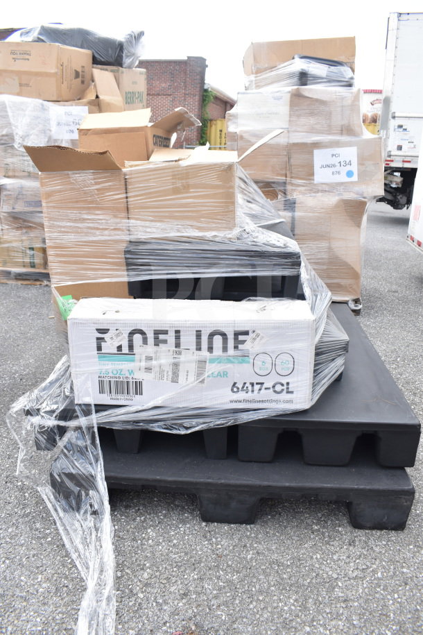 9 new Scratch and Dent items including CaterGator dispensers on pallets, wrapped in plastic. Boxes with model labels visible.