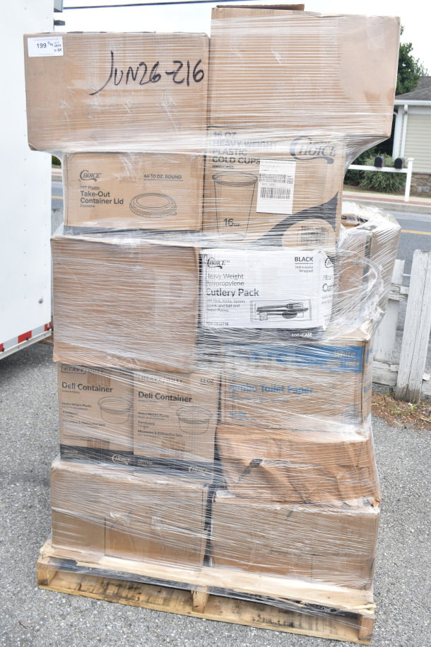 Pallet of 31 new items: plastic cutlery packs, cold cups, lids in original packaging. Scratch and dent condition.