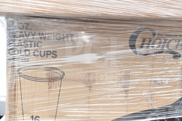 Plastic cold cups packaging wrapped in plastic, labeled "16 oz. Heavy Weight, 1000/case" and partially visible brand logo.