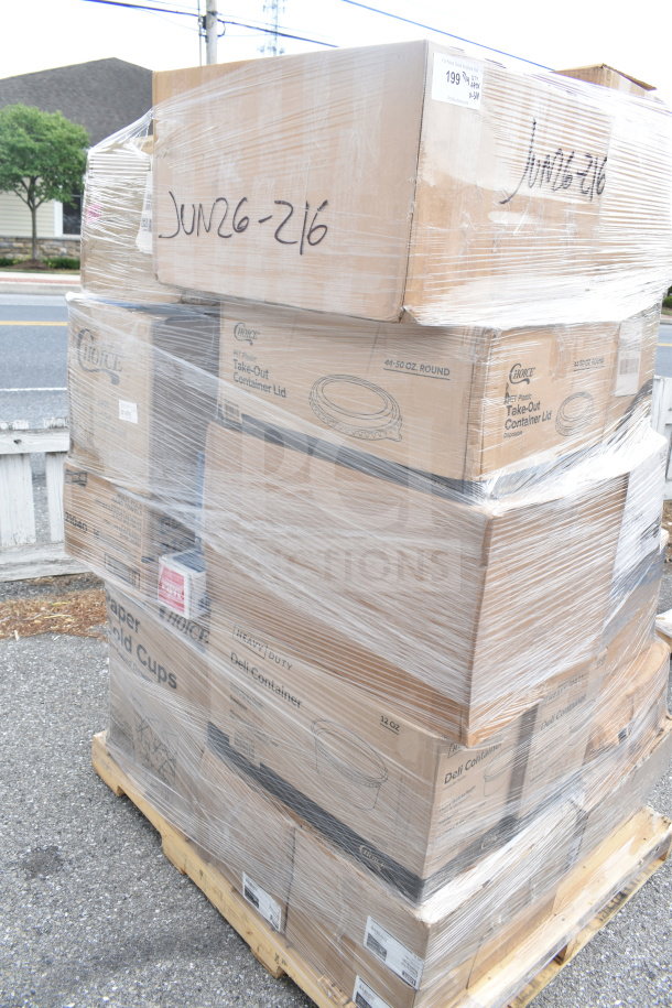 Shrink-wrapped pallet of assorted Choice brand items including plastic cutlery, cold cups, and lids. Condition: Scratch and dent. Marked "JUN26-216".