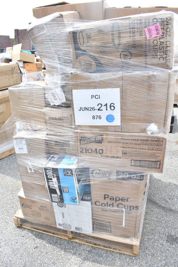 Stack of boxed items including paper cold cups, plastic cold cups, and food trays, wrapped in plastic. Auction lot JUN26-216.