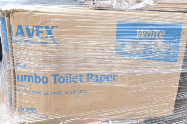 Box of Lavex jumbo toilet paper rolls wrapped in plastic, labeled "2-Ply" and "White 1000."