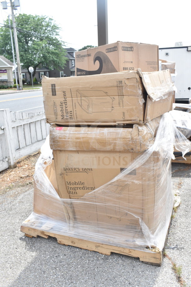 Pallet with 9 boxed, new scratch and dent items, including Baker's Lane Mobile Ingredient Bin. Boxes are slightly damaged.