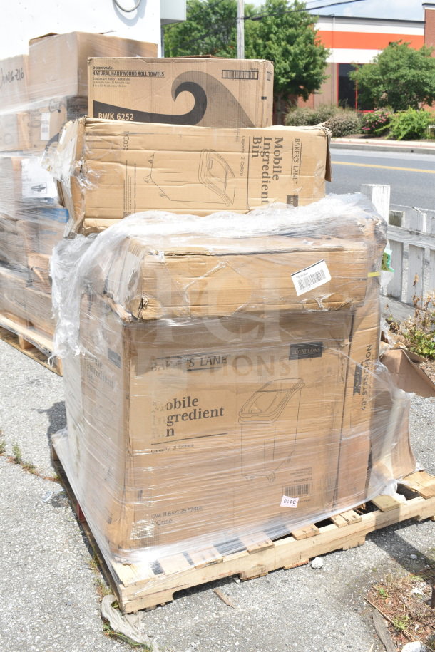 Pallet with 9 new scratch and dent items including mobile ingredient bins, wrapped in plastic. Boxes show slight wear.
