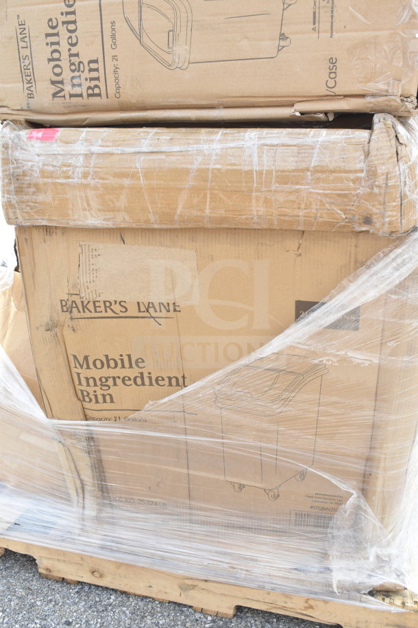 "Baker's Lane ingredient bins, 21-gallon capacity, new scratch and dent condition, packaged on pallet."