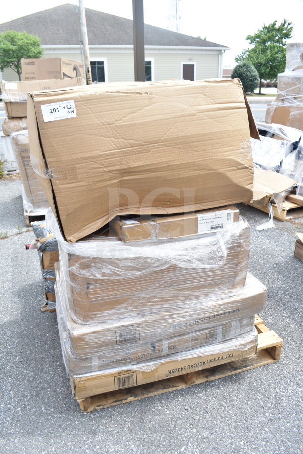 Pallet with 7 brand new, scratch and dent items including tables and a knock down hood. Boxes show visible damage.