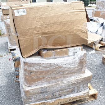 Pallet with 7 brand new, scratch and dent items including tables and a knock down hood. Boxes show visible damage.