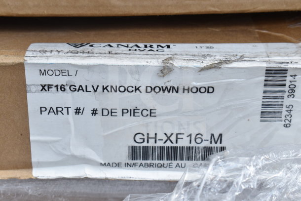 Cardboard box with label showing Canarm XF16 Galv Knock Down Hood, Model GH-XF16-M. Box appears slightly worn.