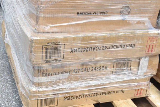 Seven brand new scratch and dent items in sealed boxes, item number 427CAU2432BK, including tables and a knockdown hood.