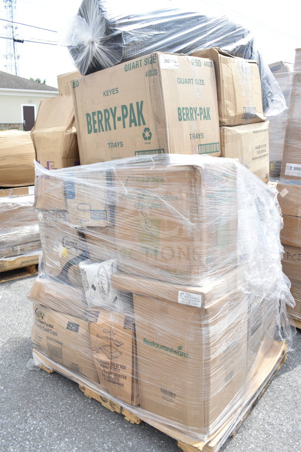 Pallet with wrapped boxes labeled Berry-Pak and Restaurantware, containing 26 new scratch and dent items, including cake circles and hot cups.