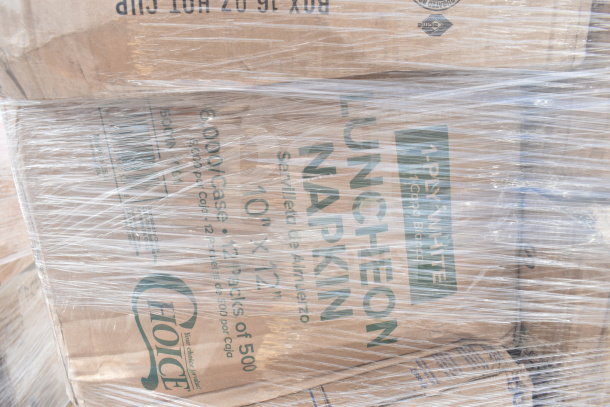 Package of Choice brand luncheon napkins, 1-ply, 10"x12", 500 per pack, wrapped in plastic.