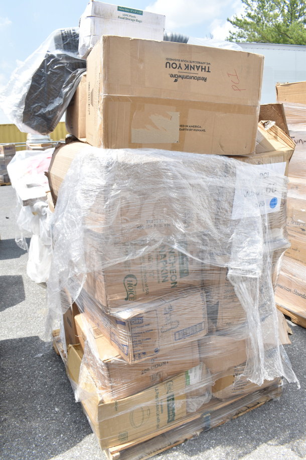 Palette of 26 new, scratch-and-dent items includes cake circles, hot cups, food bags, bamboo plates. Wrapped boxes labeled for auction.