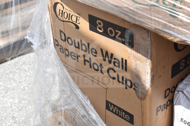 Cardboard box labeled "Choice 8 oz. Double Wall Paper Hot Cups" in plastic wrap. Box shows visible wear.