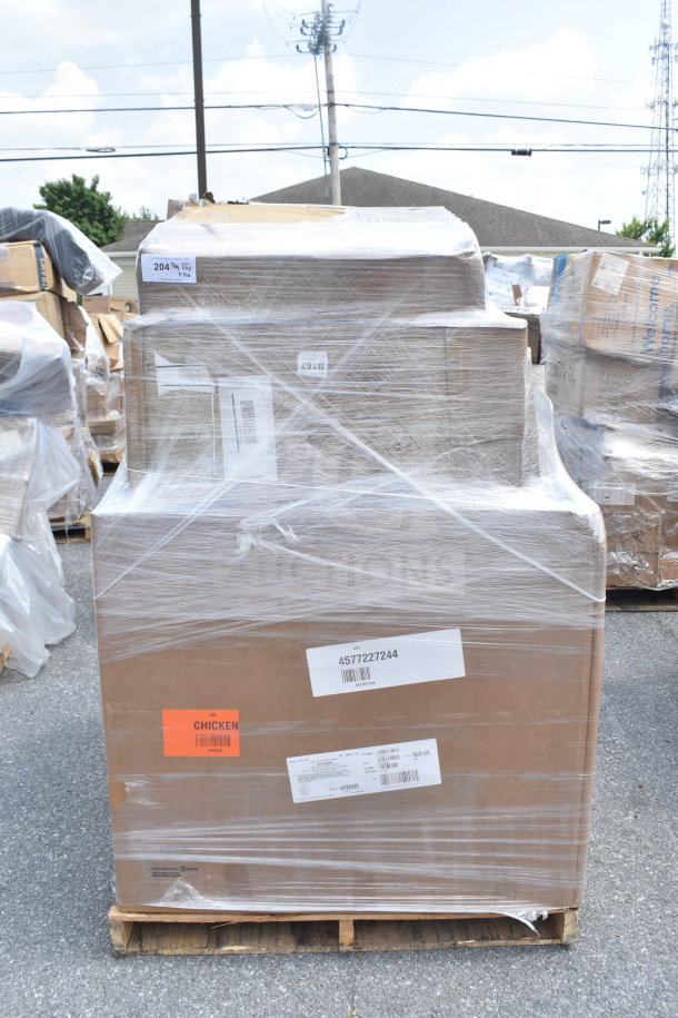 Pallet with 15 brand new scratch and dent items, including chairs. Wrapped in plastic with labels indicating barcode and product info.