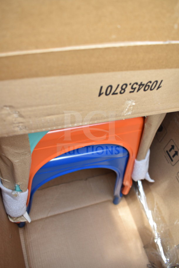 Box of 15 new scratch and dent chairs in blue and orange. Model number 10945-8701 visible on packaging.