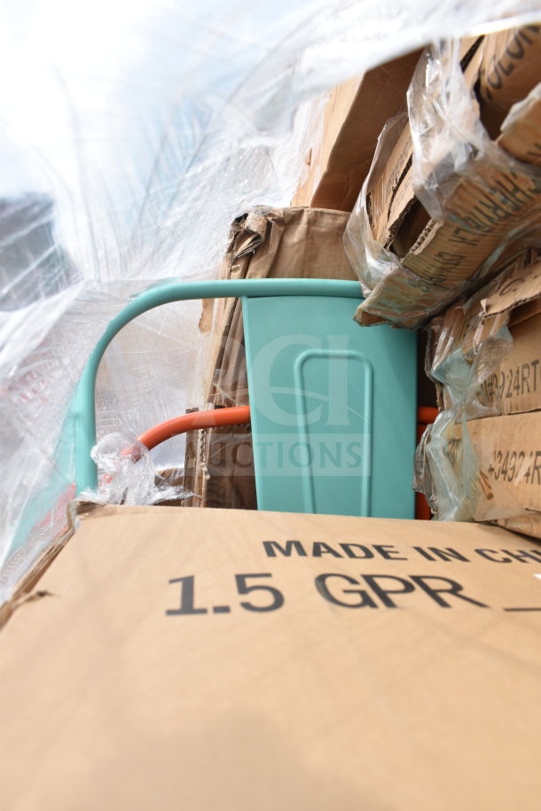 15 brand new scratch and dent items, including chairs, in packaging marked "Made in China, 1.5 GPR."