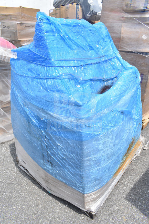 Blue tarped pallet of 23 brand new scratch and dent items, shrink-wrapped, labeled "MAY26-171".