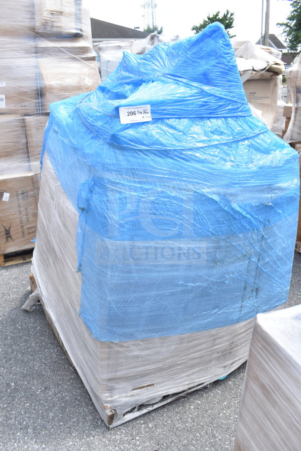 Pallet of 23 brand new scratch and dent items wrapped in blue and clear plastic, marked "206." Items vary in condition.
