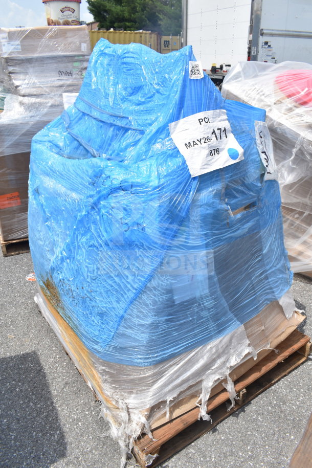 Blue-wrapped pallet with 23 new scratch and dent items, labeled "MAY26-171." Items unidentified, potential mixed value.