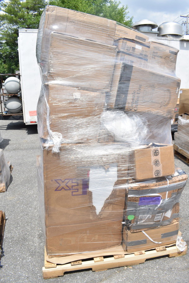 Pallet of 19 new scratch and dent items, including steam table pan, sediment tray, and wire shelf, in original packaging.