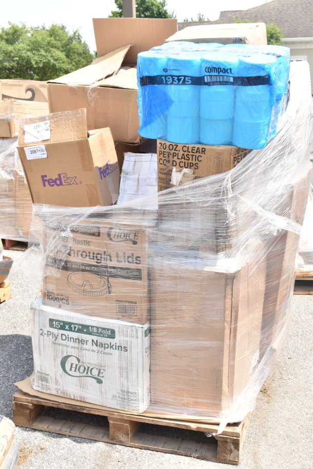 Pallet with assorted brand new scratch and dent items including napkins, plates, hot cups, gloves; labeled "Choice" and "Compact."